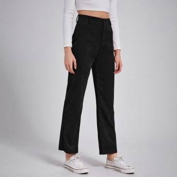 Simple Design Corduroy  Black Straight Pants For Women
