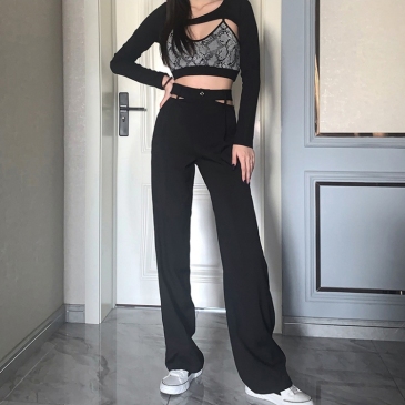 Trendy Straight Black Hollow Out Long Pants