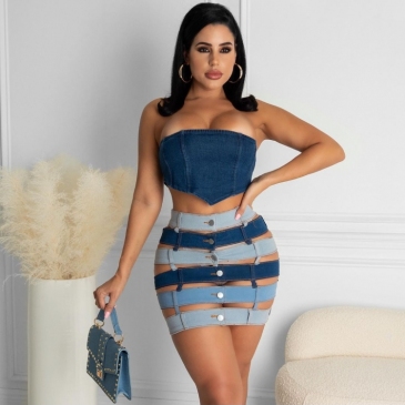  Sexy Denim Patchwork Hollow Out Club Skirt
