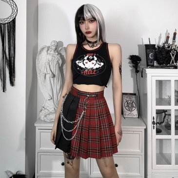 Gothic Style Plaid Patchwork Chain Pleated Mini Skirt