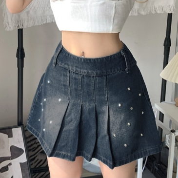 Ladies Denim Rivet Ruched Short Skirts