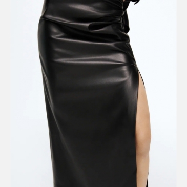 Newest PU Black High Waist Slit Skirt