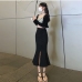 4Solid High Rise Slit Black Fishtail Midi Skirt