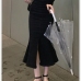 1Solid High Rise Slit Black Fishtail Midi Skirt