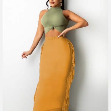 Trendy Elastic Waist Tassels Maxi Skirts For Women