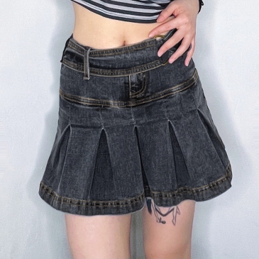 Versatile Solid Denim Pleated Mini Skirt