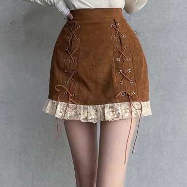 Vintage  Corduroy Tie Wrap Designer Zipper Short Skirts