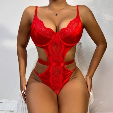 Sexual Satin Lace Patchwork Hollow Out Bodysuit