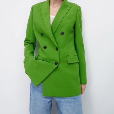 Green Long Sleeve Double-Breasted Blazer Women