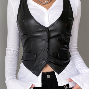 Black PU Sleevless Button Up Cropped Jacket