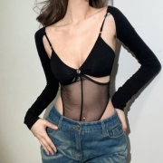 Gauze  Patchwork Hollowed Out Sexy Bodysuit