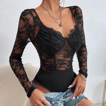 Sexy Lace Black Long Sleeve Fitted Bodysuits