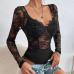 1Sexy Lace Black Long Sleeve Fitted Bodysuits