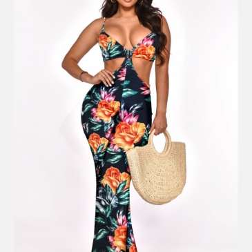 Beach Holiday Printed Cut Out Sleeveless Jumpsuit