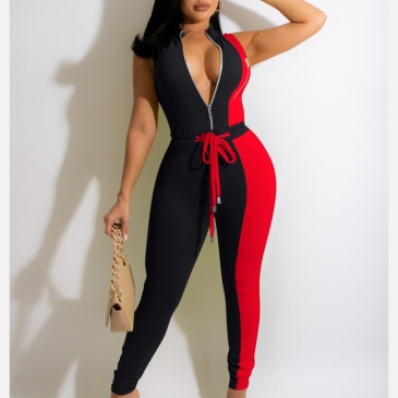 Casual Contrast Color Tight Sleeveless Jumpsuit