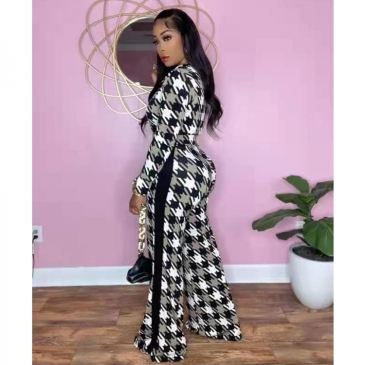Fashion Houndstooth Long Sleeve Wide Leg Jumpsuit