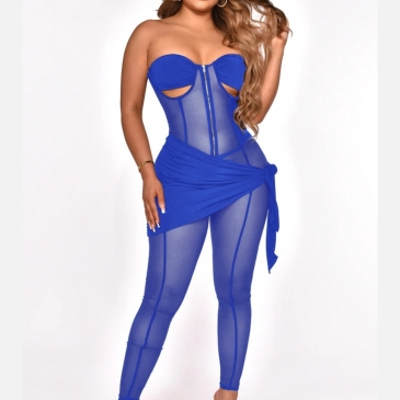 See Through Gauze Patchwork Jumpsuit With Skirt