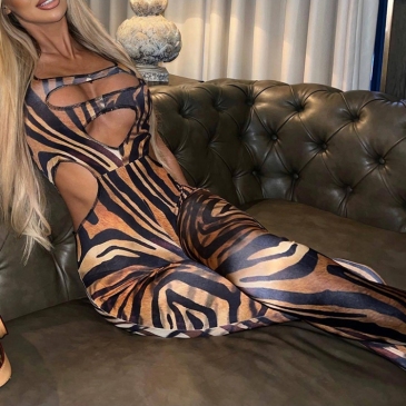 Sexy Leopard Print Hollow Out Sleeveless Jumpsuit