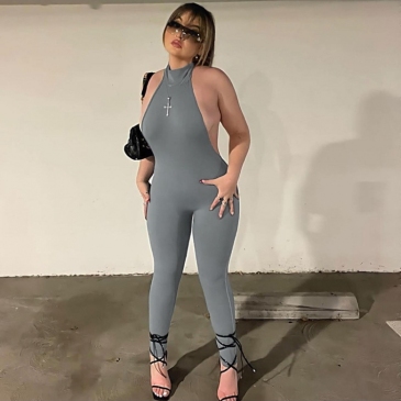 Sexy Open Back Solid One Piece Tight Jumpsuit