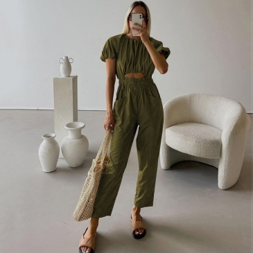Summer Ruched Cut Out Short Sleeve Jumpsuit