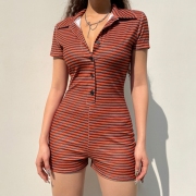 Casual Striped Button Up Short Sleeve Rompers