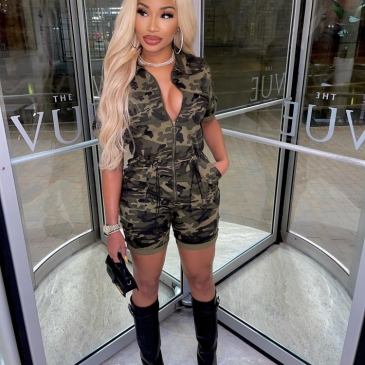 Casual Zipper Camouflage  Pockets Women Rompers