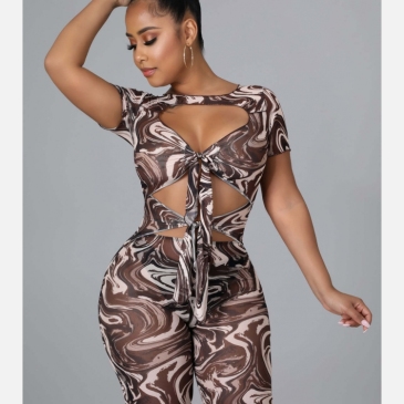 Sexy Printed Hollow Out Short Sleeve Rompers