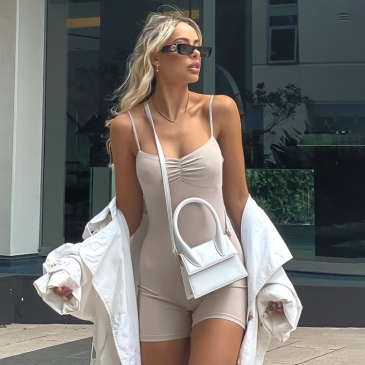 Street Solid Spaghetti Strap Backless Sleeveless Rompers