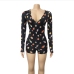 17V Neck Printed Long Sleeve Tight Rompers