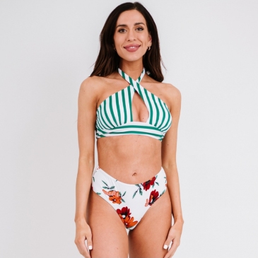  Sexy Flower Stripe Cross Belt Bikini Swimsuit