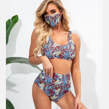  Sexy Printed Sleeveless High Waist Swimsuit Set