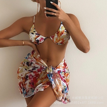 Colorful Printing With Skirt Three Piece Sexy Swimsuit