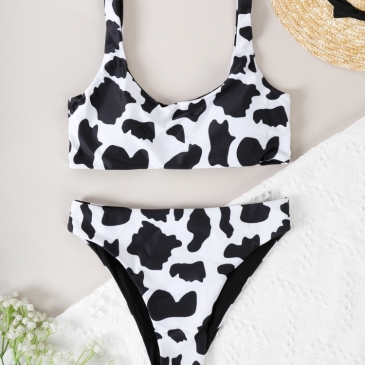 Cow Printed Sleeveless 2 Piece Swimsuit