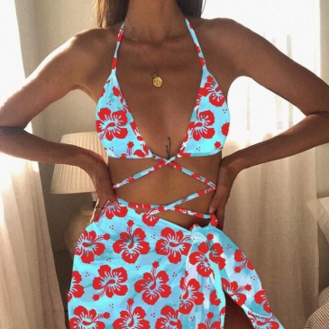 Sexy Lace Up Print Three Piece Women's Swimwear