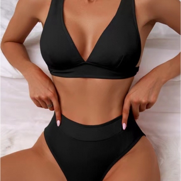 Solid V Neck Bikini High Waist Swimsuit