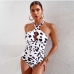 1 Cow Pattern Halter Hollow Out One Piece Swimsuit