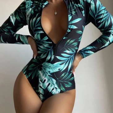  Sexy Printed V-neck Long Sleeve Swimsuit