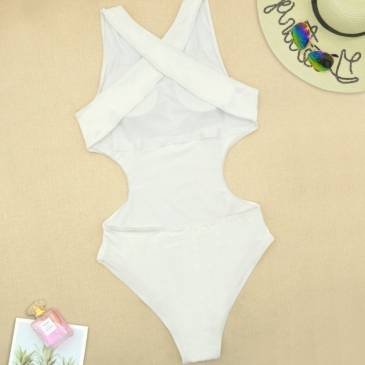  Sexy White Waist Cut Backless One-piece Swimsuit