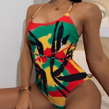 Color Blocking Backless One Piece Swimwear