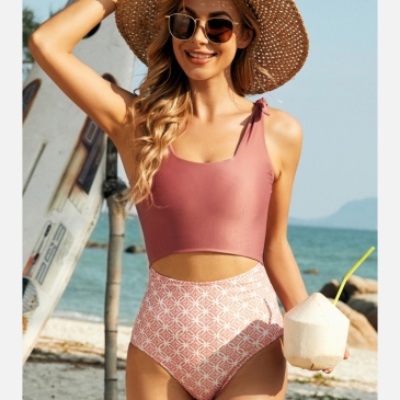 Contrast Color Hollow Out One Piece Swimsuit