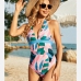 3Feather Printed Halter Backless One Piece Halter Swimsuits
