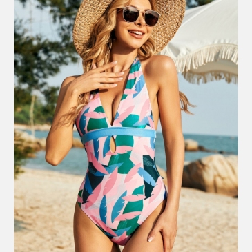 Feather Printed Halter Backless One Piece Halter Swimsuits