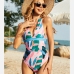 1Feather Printed Halter Backless One Piece Halter Swimsuits