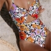 1Flower Printed Spaghetti Strap Hollow Out One-Piece Swimsuit