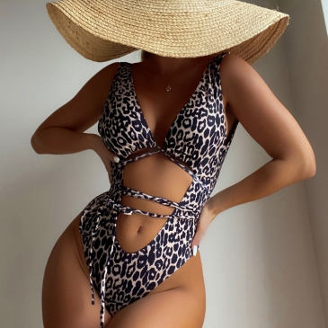 Leopard Printed Lace-Up One Piece Swimsuit
