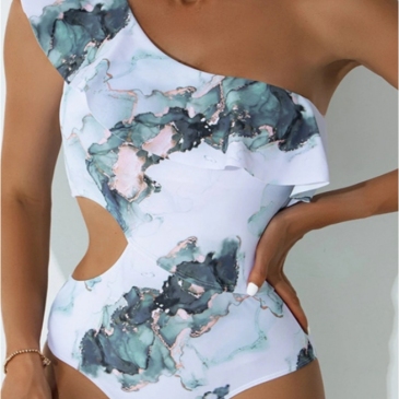 One Shoulder Ruffles Cut Out One-Piece Swimsuit