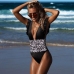 1Printed Patchwork Deep V One Piece Swimsuit