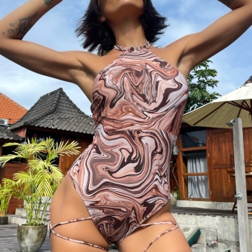 Sexy Backless Print Halter One Piece Bodysuit