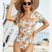 4Short Sleeve V Neck Chain Patch Hollow Out Swimsuits