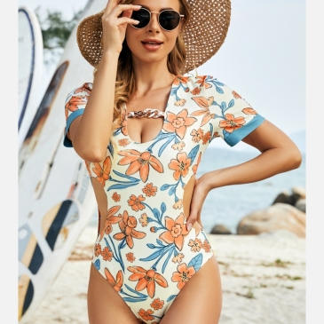 Short Sleeve V Neck Chain Patch Hollow Out Swimsuits